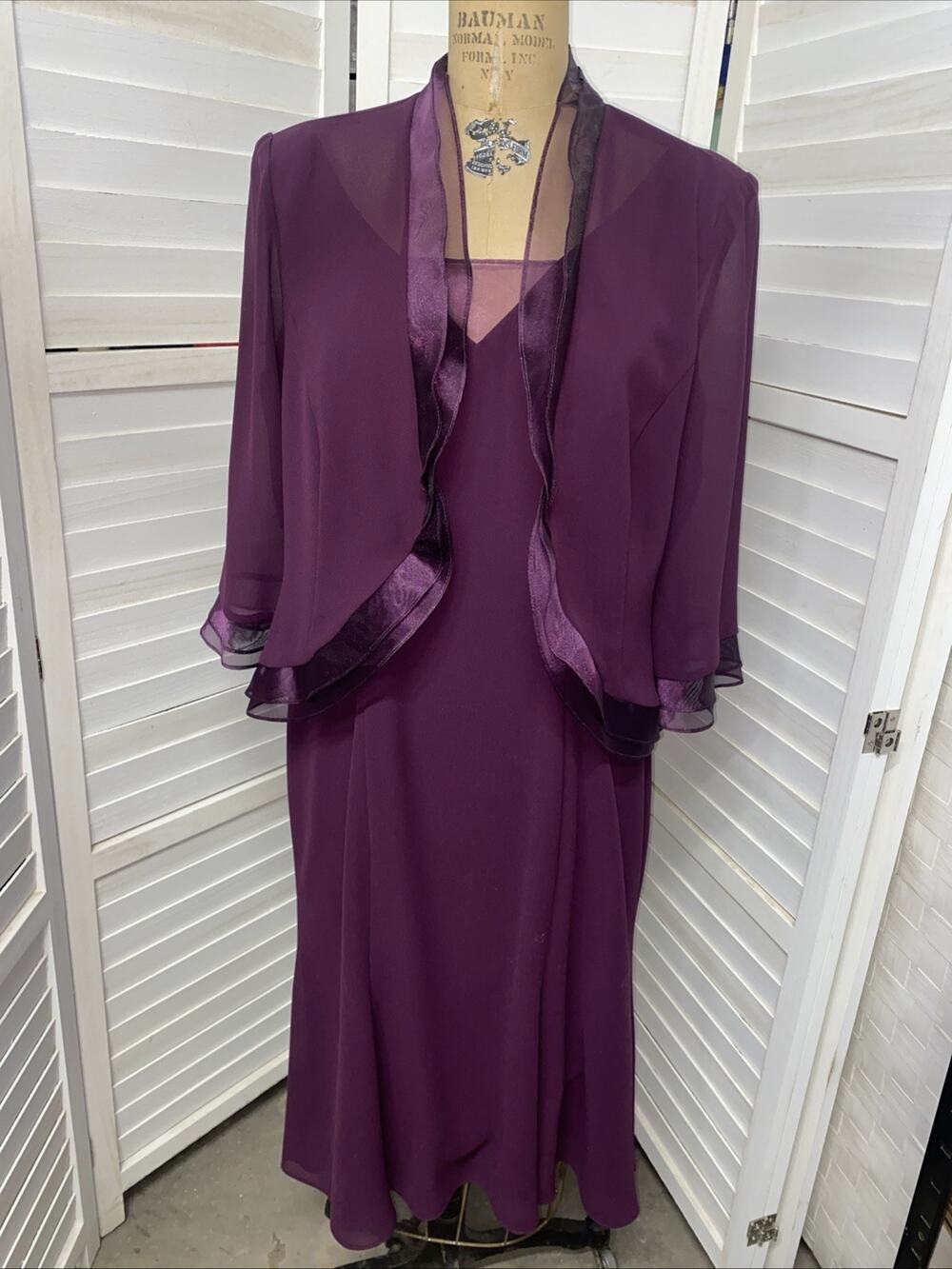 Vintage 90s 2 Pc Purple Crepe Chiffon Dress Jacket Ursula Of Switzerland Sz 12